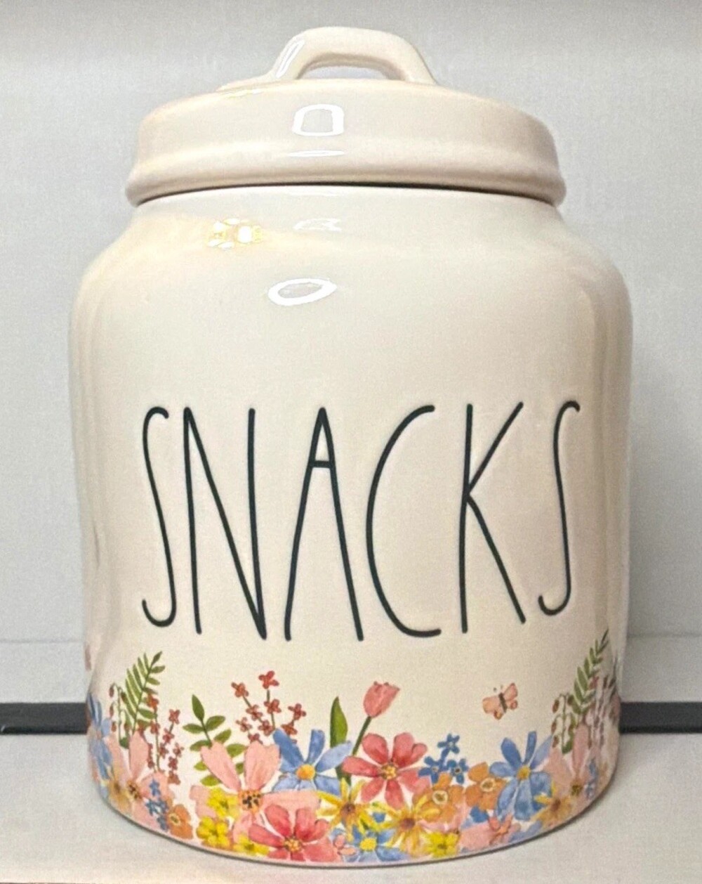 Rae Dunn Artisan Floral Spring "SNACKS" Chubby Canister w/Lid Magenta